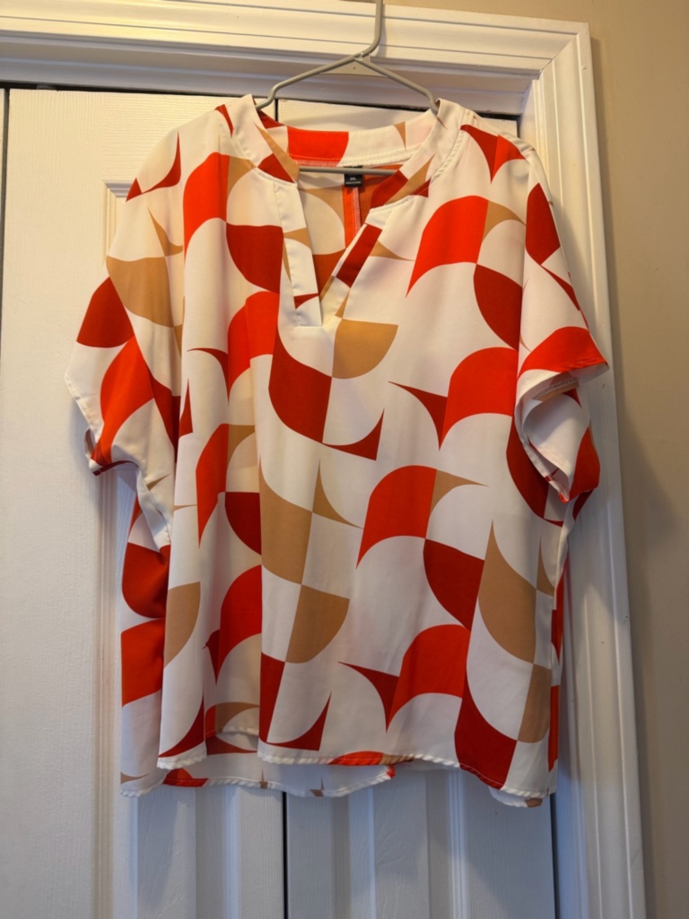 SHEIN Red & Cream Abstract Geometric Short Sleeve Blouse